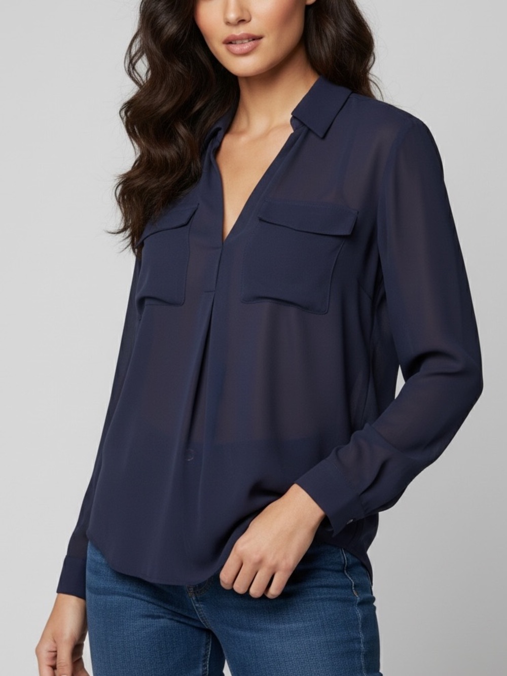 Ann Taylor Deep Navy Split-Neck Button-Front Blouse